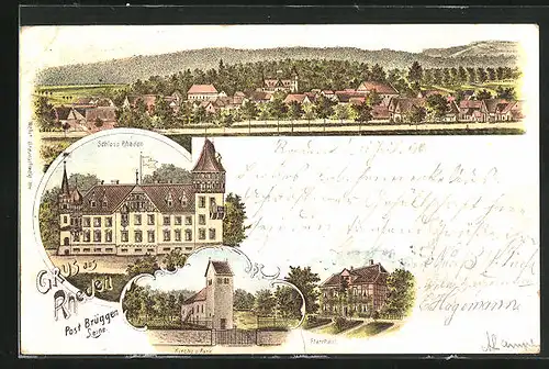 Lithographie Rheden, Totalansicht der Gemeinde, Schloss Rheden, Kirche