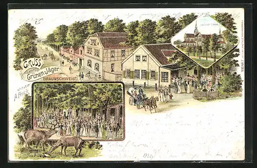 Lithographie Braunschweig, Restaurant Grünen-Jäger, Kloster-Kirche