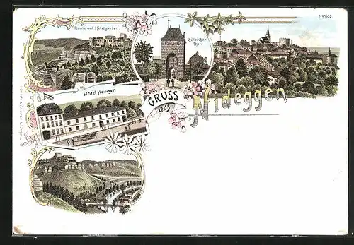 Lithographie Nideggen, Hotel Heiliger, Ruinen mit Hotelgarten, Zülpicher Thor