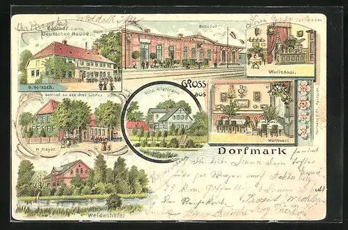 Lithographie Dorfmark, Gasthof zum Deutschen Hause, Viller Allermann, Gasthof zu den drei Linden