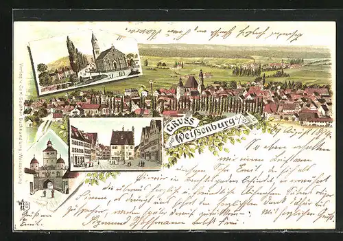 Lithographie Weissenburg a. S., Totalansicht, Markt mit Rathaus