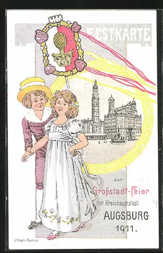 Künstler-AK Augsburg, Rathaus und Kirche, Grossstadt-Feier 1911, Wappen