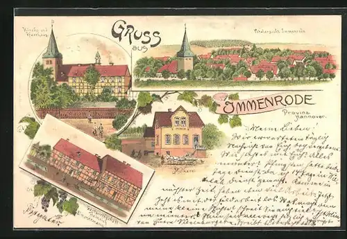 Lithographie Immenrode / Vienenburg, Gasthaus Heinrich Zimmermann, Kirche und Pfarrhaus und Molkerei