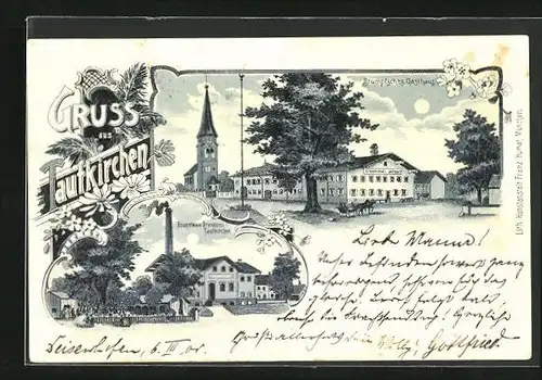 Lithographie Taufkirchen, Ortsansicht mit Stumpfsches Gasthaus und Brantwein Brennerei