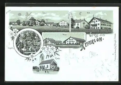 Mondschein-Lithographie Keferloh, Totalansicht Kirche und Kapelle