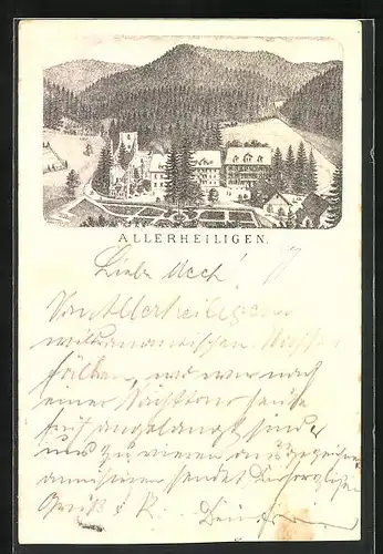 Vorläufer-Lithographie Allerheiligen, 1893, Ortsansicht mit Ruine und Grünanlagen