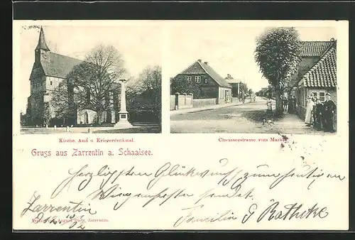 AK Zarrentin a. Schalsee, Chausseestrasse vom Markte, Kirche, Amt u. Kriegerdenkmal