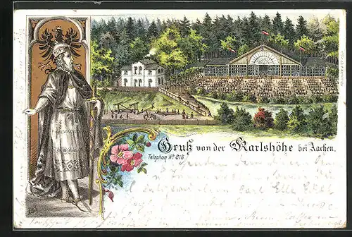 Lithographie Aachen, Restaurant Karlshöhe, Karl der Grosse