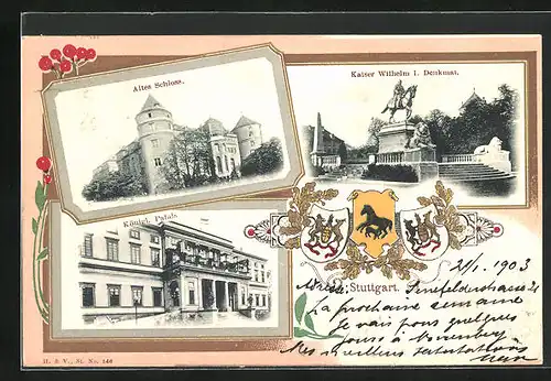 Passepartout-Lithographie Stuttgart, Kgl. Palais, Altes Schloss, Kaiser Wilhelm I. Denkmal, Wappen