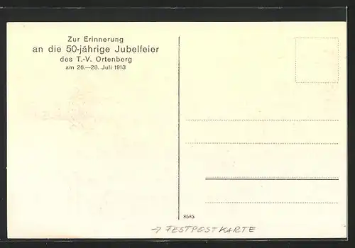 AK Ortenberg, Festpostkarte anlässlich 50 jähriger Jubelfeier des T.V. 1913, Strassenpartie, Ortspartie