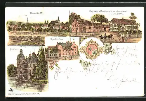 Lithographie Hovestadt, Gasthaus und Kornbranntweinbrennerei v. F. C. Biele, Schloss Krankenhaus