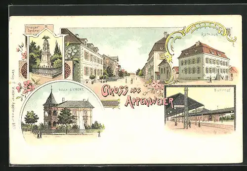 Lithographie Appenweier, Villa Siebert, Bahnhof, Rathaus