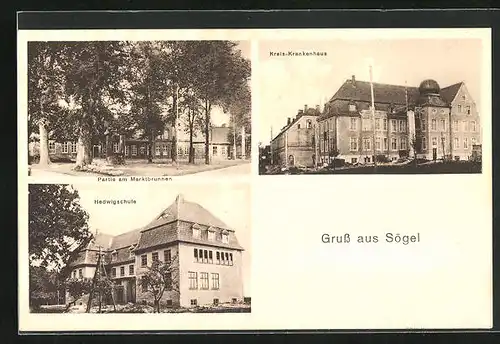 AK Sögel, Partie am Marktbrunnen, Kreis-Krankenhaus, Hedwigschule