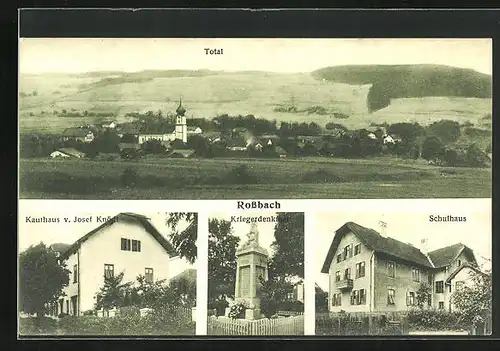 AK Rossbach, Kurhaus v. Josef Knödl, Kriegerdenkmal, Schulhaus