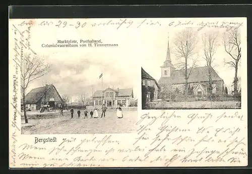 AK Bergstedt, Kolonialwarengeschäft und Posthalterei am Marktplatz, Kirche
