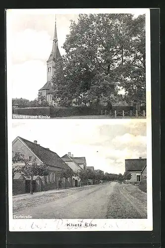 AK Klietz /Elbe, Denkmal und Kirche, Dorfstrasse