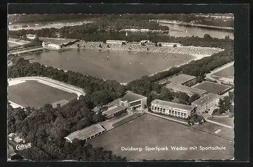 AK Duisburg, Sportpark Wedau mit Sportschule, Fliegeraufnahme