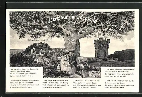 AK Lindenfels, Der Baum im Odenwald, Verliebtes Paar, Gedicht, Bismarckwarte