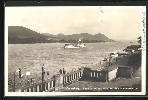 AK Godesberg, Rheinpartie mit Blick auf das Siebengebirge, Dampfer