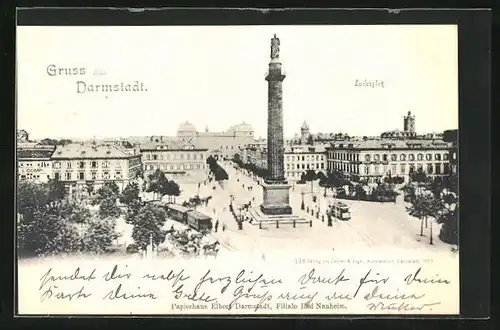 AK Darmstadt, Luisenplatz mit Denkmal und Strassenbahn