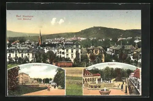 AK Bad Nauheim, Teilansicht mit Hotel Reichshof, Kurhaus, Sprudel