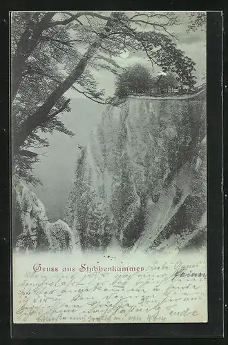 Mondschein-AK Stubbenkammer, Blick vom Wald auf Kreideklippen