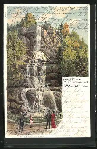 Lithographie Goslar, Spaziergänger am Romkerhaller Wasserfall