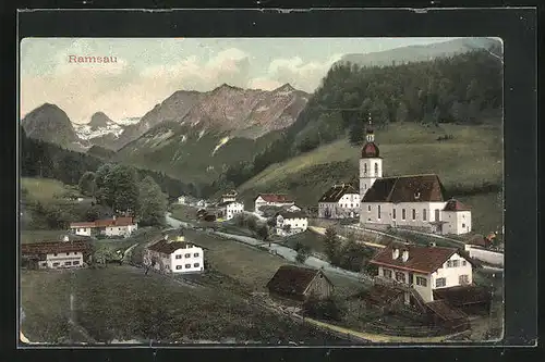 AK Ramsau, Ortsansicht mit Berglandschaft