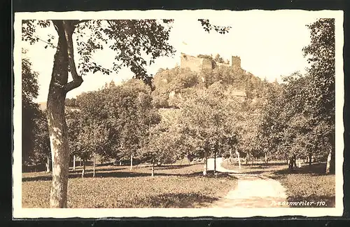 AK Badenweiler, Strassenpartie im Park, Blick auf Burgruine