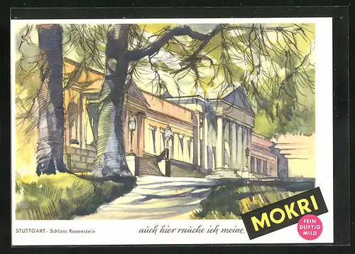 Künstler-AK Stuttgart, Schloss Rosenstein, Tabakwerbung für Mokri