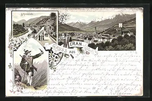 Lithographie Meran, Gilfpromenade, Ortsansicht, Wanderer in Tracht