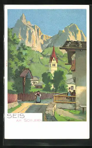 Lithographie Seis am Schlern, Ortspartie mit Wegekreuz und Kirchturm