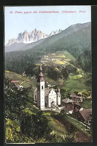 AK St. Peter, Kirche im Ort mit Geislerspitzen