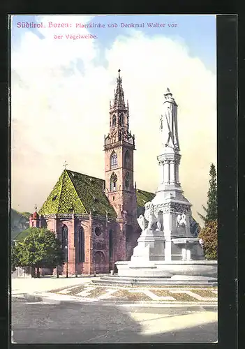 AK Bozen, Pfarrkirche und Denkmal Walter von der Vogelweide