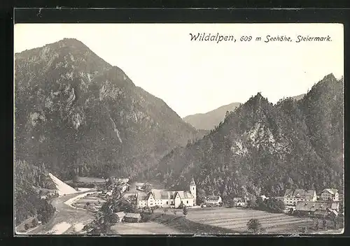AK Wildalpen, Ortsansicht mit Bergmassiv