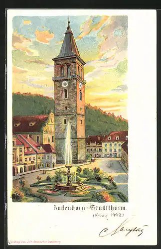 Lithographie Judenburg, Parkanlage mit Stadtturm