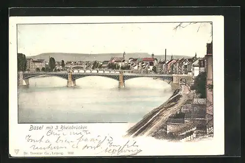 AK Basel, Teilansicht mit drei Rheinbrücken