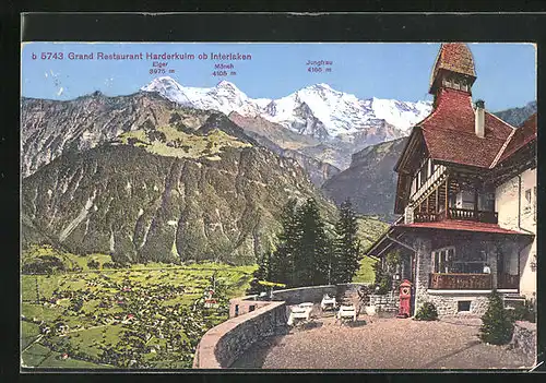 AK Interlaken, Grand Restaurant Harderkulm mit Eiger, Mönch und Jungfrau