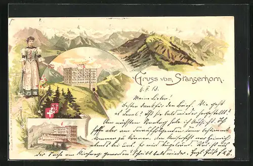 Lithographie Stanserhorn, Hotel Bergpanorama und Frau in Tracht