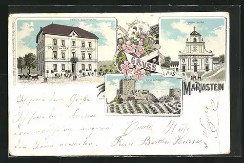 Lithographie Mariastein, Gasthof zum Jura, Ruine Landskron, Kloster-Kirche