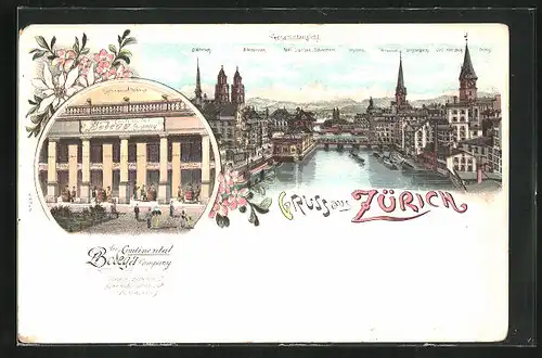 Lithographie Zürich, The Continental Bodega Company, Bahnhofstrasse 22, Gesamtansicht mit Glärnisch, Mythen & Tödi