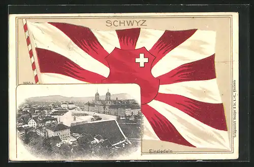 Präge-AK Einsiedeln /Schwyz, Teilansicht mit Kloster, Flagge