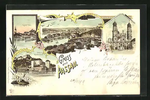 Lithographie Passau, Dom, Ober- und Niederhaus, Kurort Hals