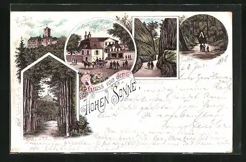 Lithographie Eisenach, Hotel zur Hohen Sonne, Drachenschlucht, Wartburg