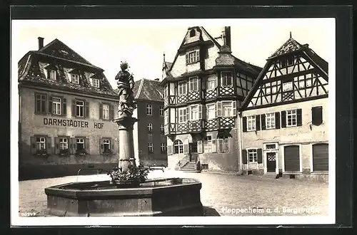 AK Heppenheim, Hotel Darmstädter Hof, Marktplatz mit Brunnen und Apotheke