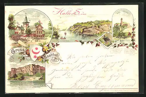 Lithographie Halle a. S., Gasthaus, Jahnshöhle, Moritzburg