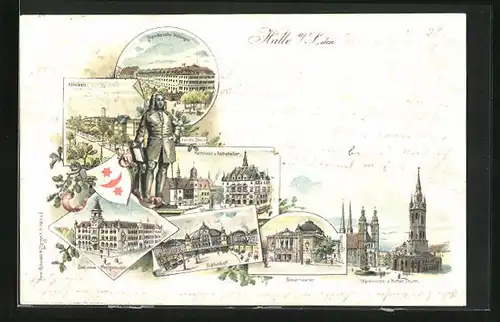 Lithographie Halle a. S., Bahnhof, Neues Postgebäude, Händel Denkmal