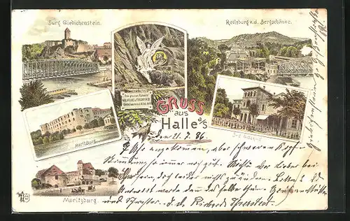 Lithographie Halle a. S., Reilsburg v. d. Bergschänke, Moritzburg, Burg Giebichstein
