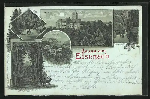 Mondschein-Lithographie Eisenach, Wartburg, Waldpartie, Drachenschlucht