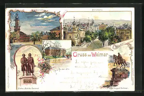 Lithographie Weimar, Goethe- und Schillerdenkmal, Carl August Denkmal, Panorama